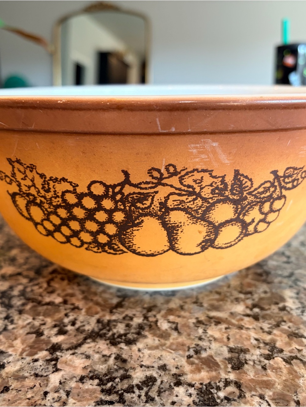 Vintage Pyrex 2.5 qt Orange Bowl with Brown Fruit Pattern